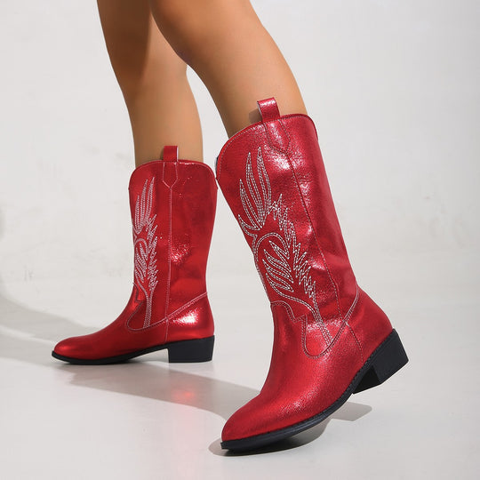 Damen Cowgirl-Kniehoher Stiefel mit dekorativer Stickerei, Pull‑Tabs und komfortablem Blockabsatz Shop Nory
