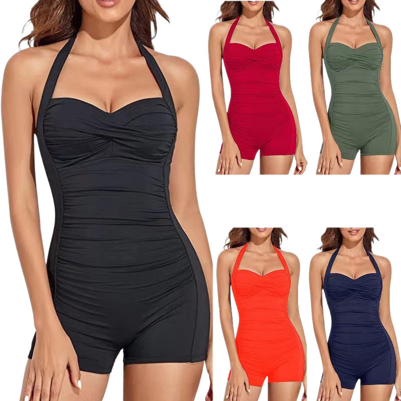 Damen Einteiliger Badeanzug mit schmalen Trägern und modischer Raffung Shopnory