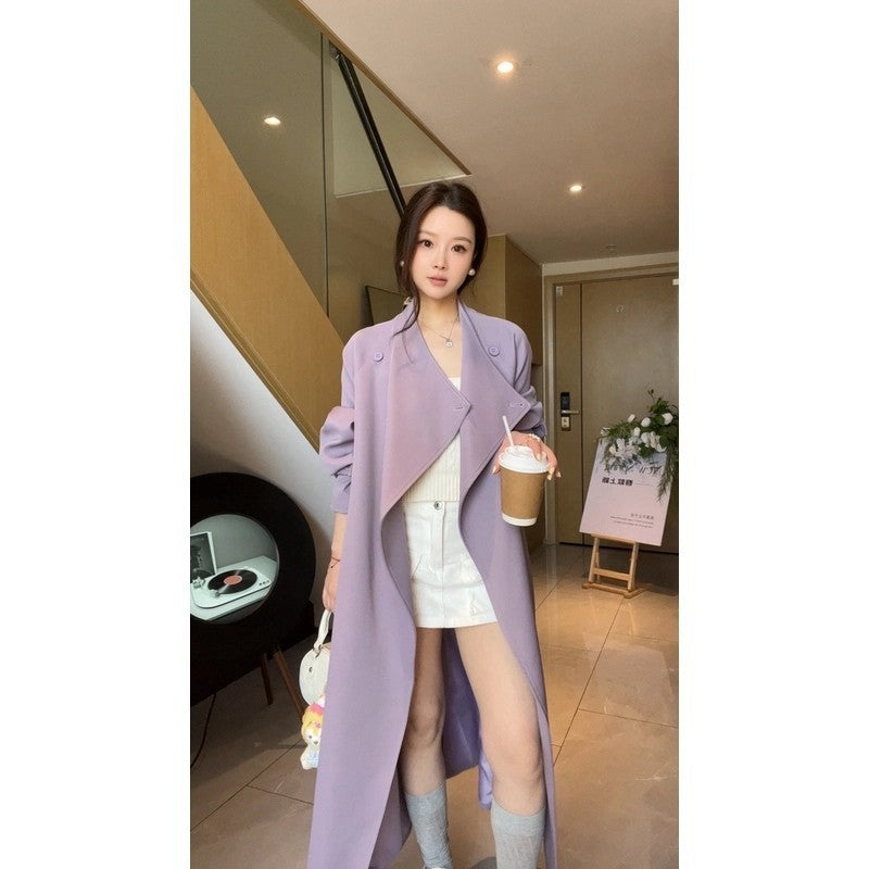 Damen Maxi-Trenchcoat mit Wasserfallkragen und gerafften Ärmeln Shop Nory