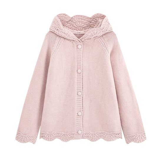 Damen Feinstrick-Cardigan mit Kapuze, Knopfleiste und gehäkelter Borte Shop Nory