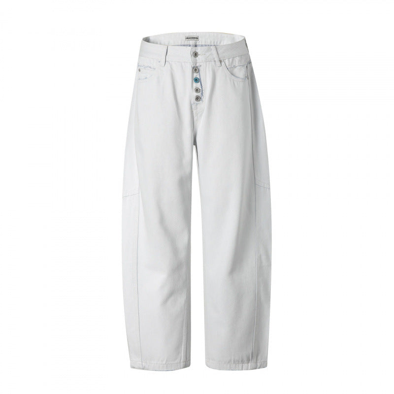 Damen Weite High‑Waist Cropped Jeans mit sichtbarer Knopfleiste, rohem Saum und Utility‑Nähten Shop Nory