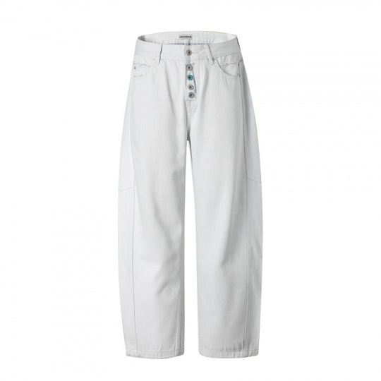 Damen Weite High‑Waist Cropped Jeans mit sichtbarer Knopfleiste, rohem Saum und Utility‑Nähten Shop Nory