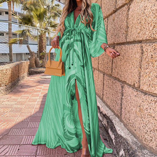 Damen Maxikleid mit tiefem V-Ausschnitt BindShop Noryand in Empire-Taille Kimonoärmeln und Frontschlitz Shop Nory