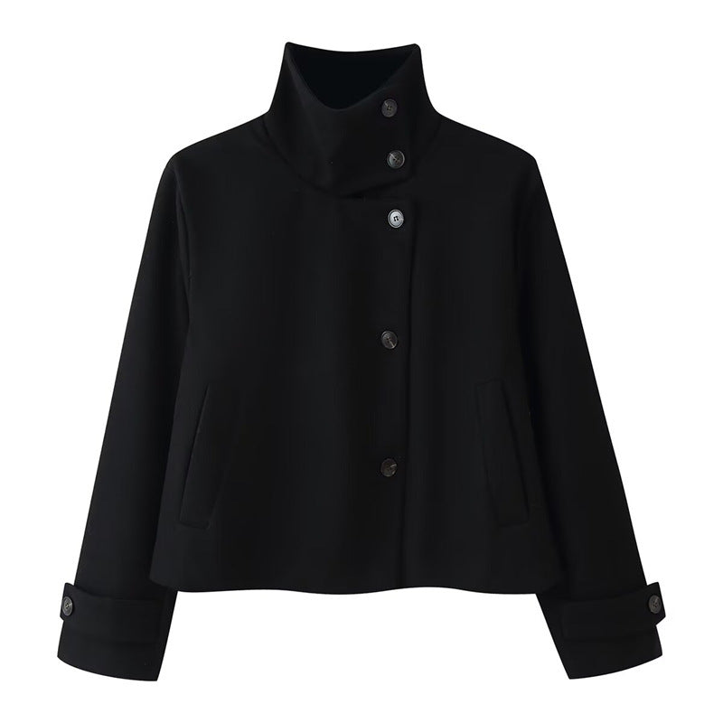 Damen kurze Boxy-Wolljacke mit Stehkragen und Manschetten Shop Nory