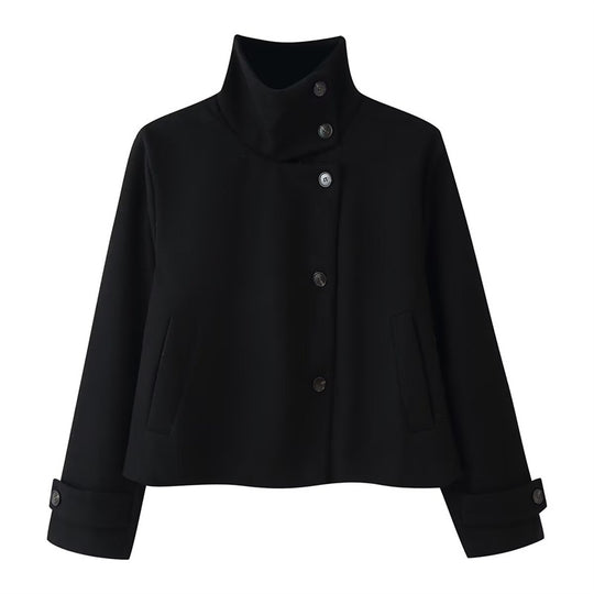 Damen kurze Boxy-Wolljacke mit Stehkragen und Manschetten Shop Nory