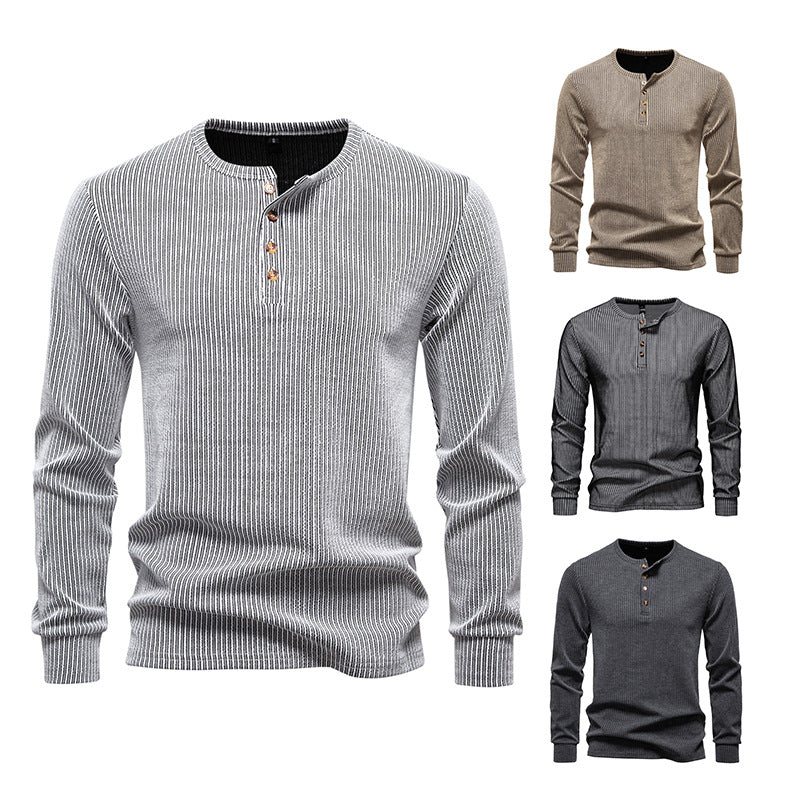 Herren Slim-Fit Gerippter Henley-Langarmpullover mit Rundhalsausschnitt und Knopfleiste Shop Nory