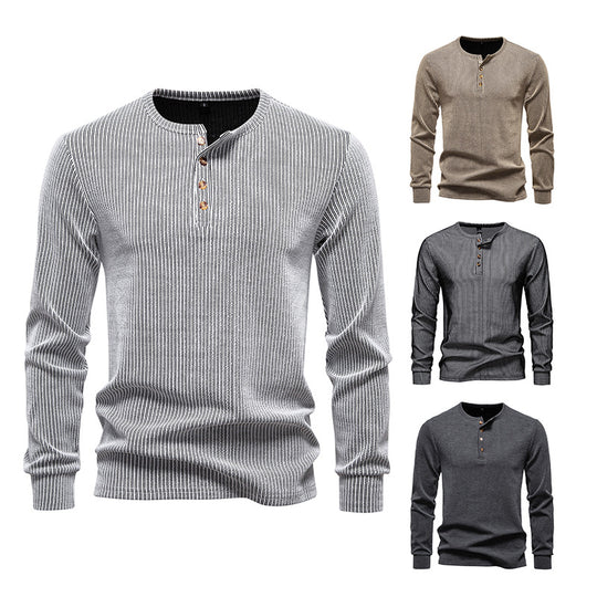 Herren Slim-Fit Gerippter Henley-Langarmpullover mit Rundhalsausschnitt und Knopfleiste Shop Nory