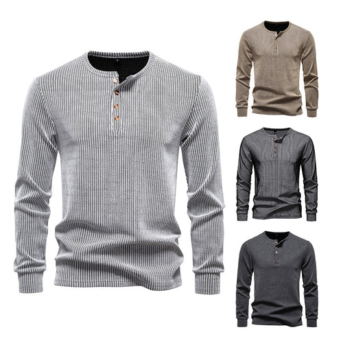 Herren Slim-Fit Gerippter Henley-Langarmpullover mit Rundhalsausschnitt und Knopfleiste Shop Nory