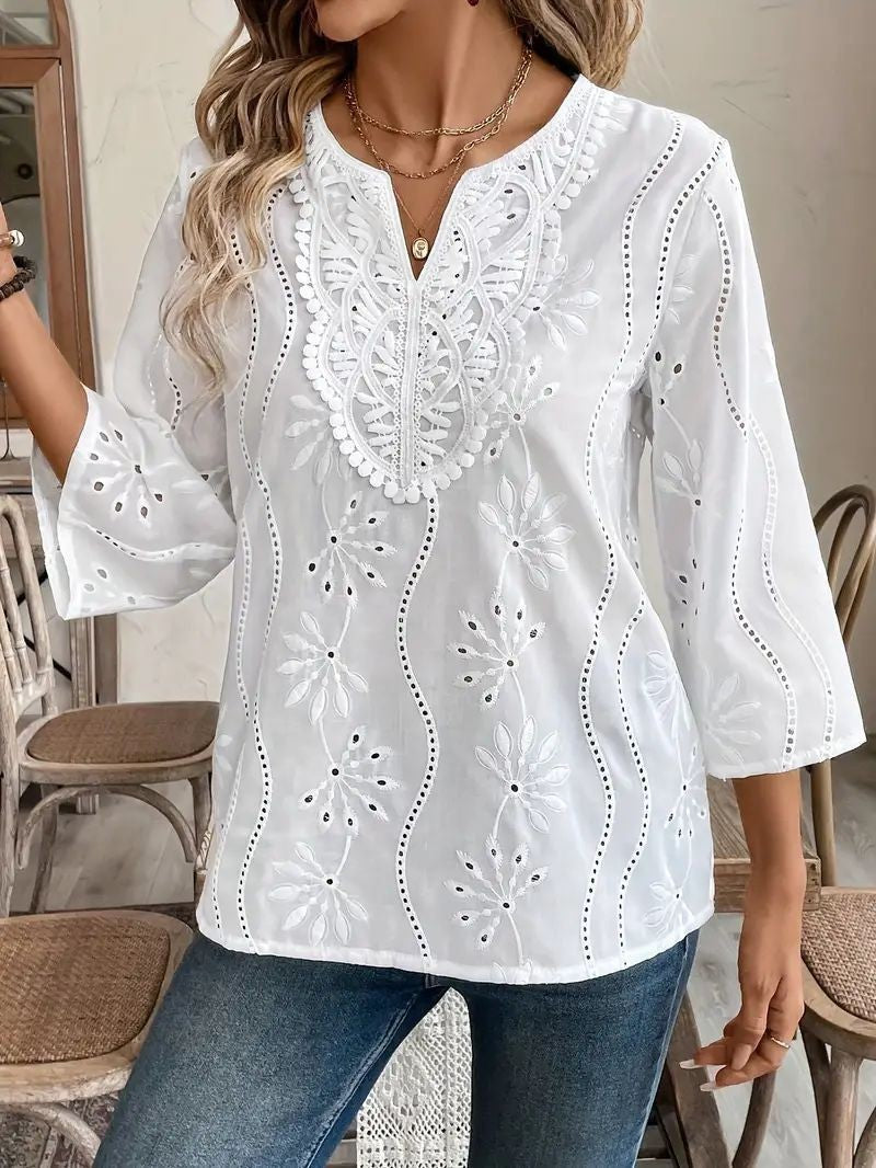Damen elegante Tambour-Bluse mit floralen Stickereien