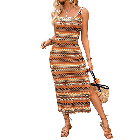 Damen Figurbetontes Strick-Midikleid mit Spaghettiträgern, Jacquardmuster und seitlichem Schlitz Shop Nory