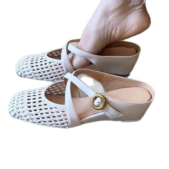 Damen Geflochtene Mule-Ballerinas mit T-Riemen und dekorativer Rosenapplikation Shop Nory