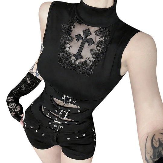 Damen Gothic Body mit dekorativem Spitzen- und Kreuzdesign und tailliertem Schnitt