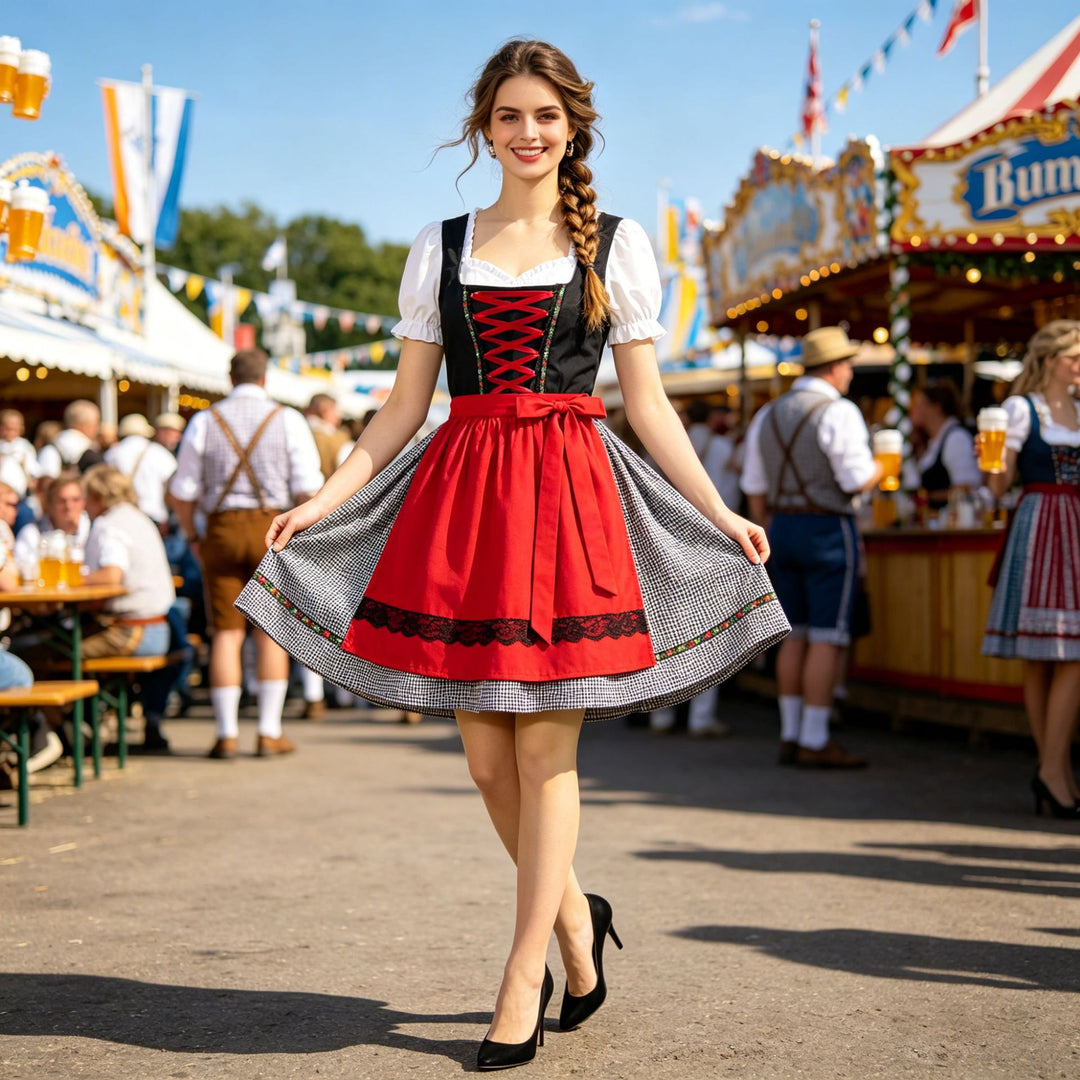 Damen nan traditionelles Dirndlkleid mit Herzausschnitt, geschnürtem Mieder und dekorativer Schürze Shop Nory