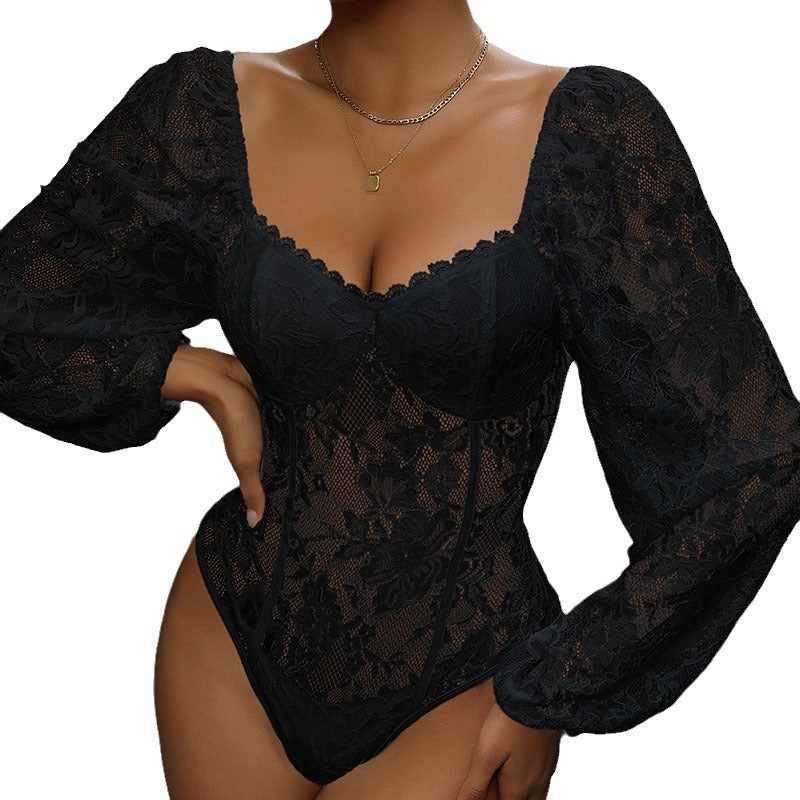 Damen Spitzen-Corsage mit Herzausschnitt, integrierten Cups und transparenten Puffärmeln Shop Nory