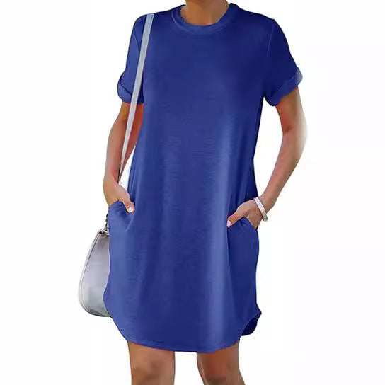 Damen lässiges Freizeitkleid mit Taschen und Rundhalsausschnitt