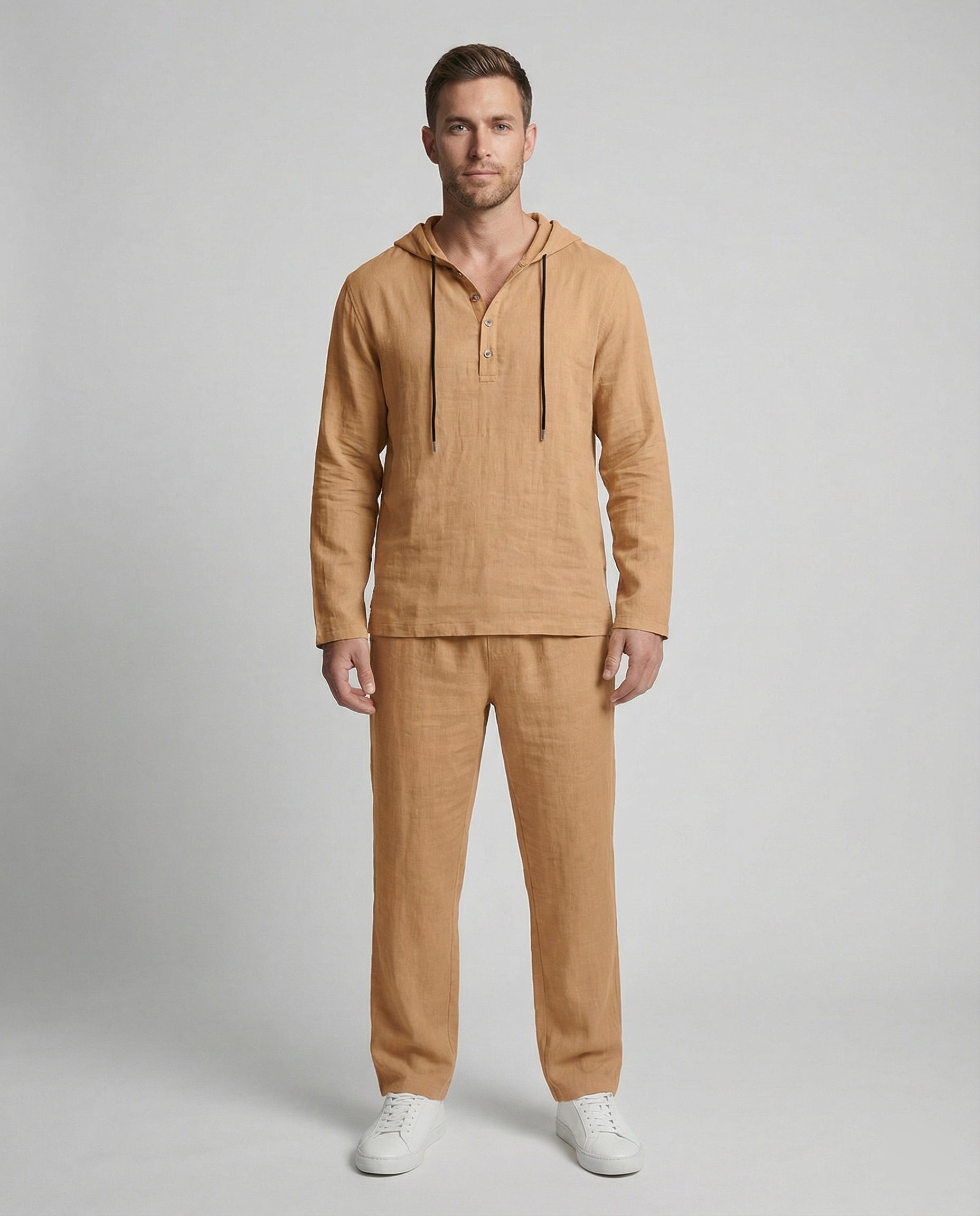 Herren lässiges Leinen-Hoodie-Set mit praktischen Taschen und entspannter Passform