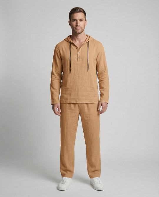 Herren lässiges Leinen-Hoodie-Set mit praktischen Taschen und entspannter Passform