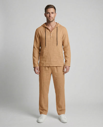 Herren lässiges Leinen-Hoodie-Set mit praktischen Taschen und entspannter Passform
