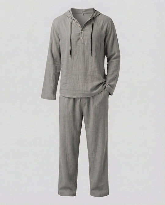 Herren lässiges Leinen-Hoodie-Set mit praktischen Taschen und entspannter Passform