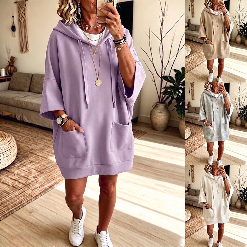 Damen Oversize Hoodie-Kleid mit Kängurutaschen und halblangen Ärmeln Shop Nory