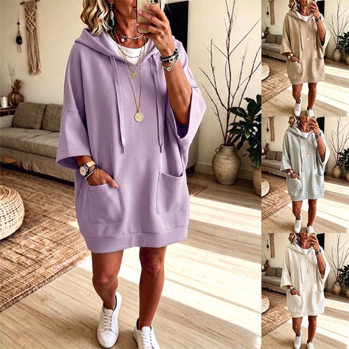 Damen Oversize Hoodie-Kleid mit Kängurutaschen und halblangen Ärmeln Shop Nory