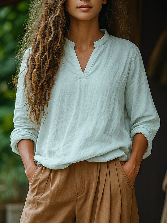 Damen Casual Tunika-Bluse in Leinenoptik mit kleinem Stehkragen und V‑Schlitz Shop Nory