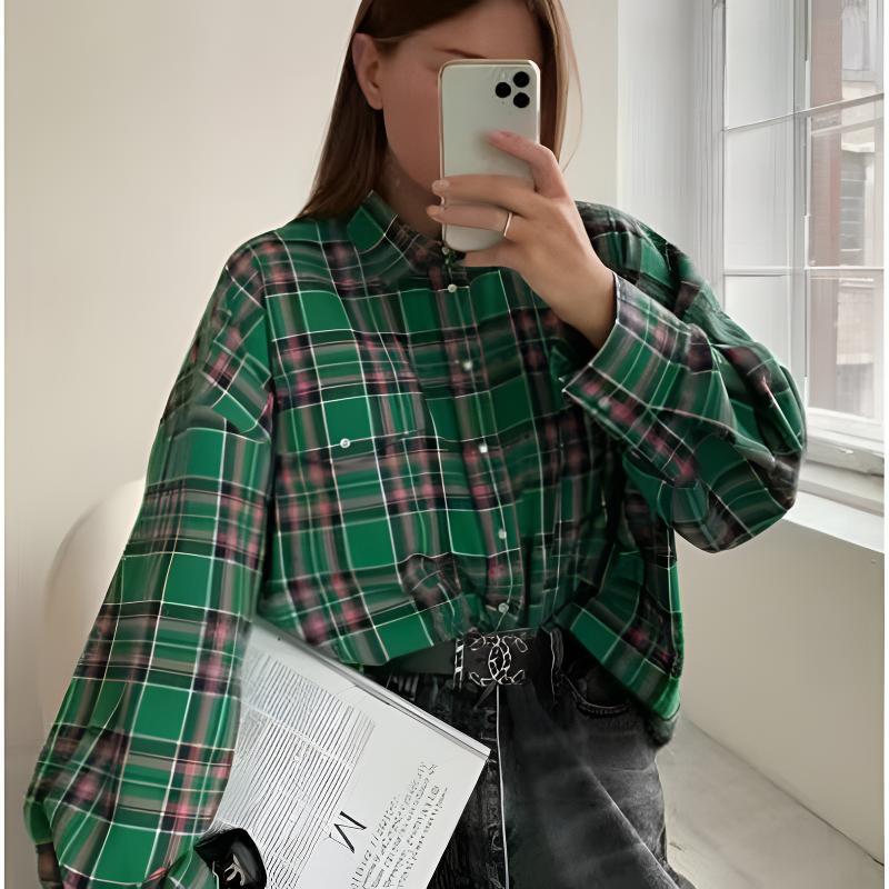 Damen Karo Oversize Flanellhemd Bluse mit Druckknopfblende und Hemdkragen Shop Nory