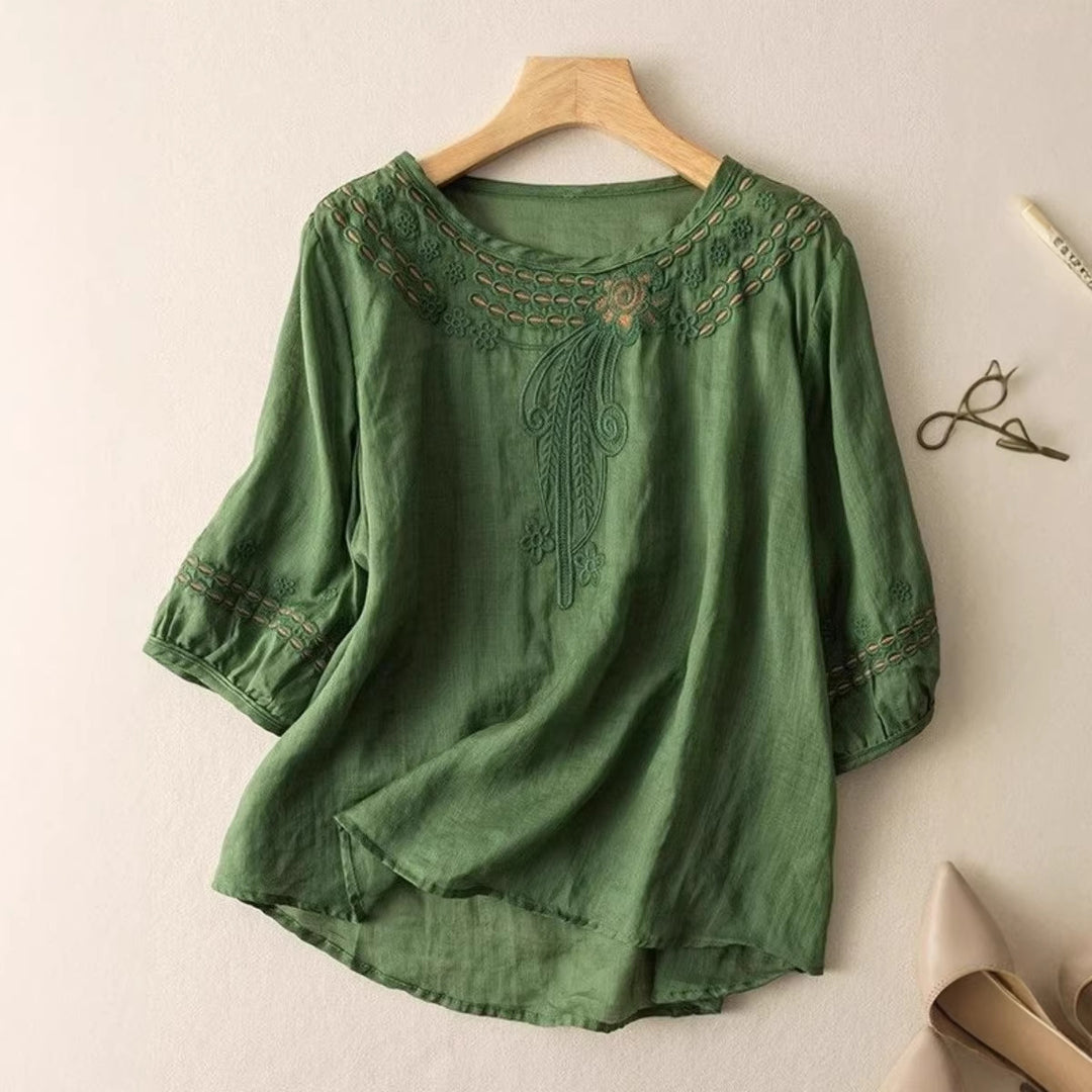 Damen Bestickte Leinenoptik-Bluse mit Rundhalsausschnitt und Dreiviertelärmeln Shop Nory
