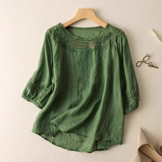 Damen Bestickte Leinenoptik-Bluse mit Rundhalsausschnitt und Dreiviertelärmeln Shop Nory