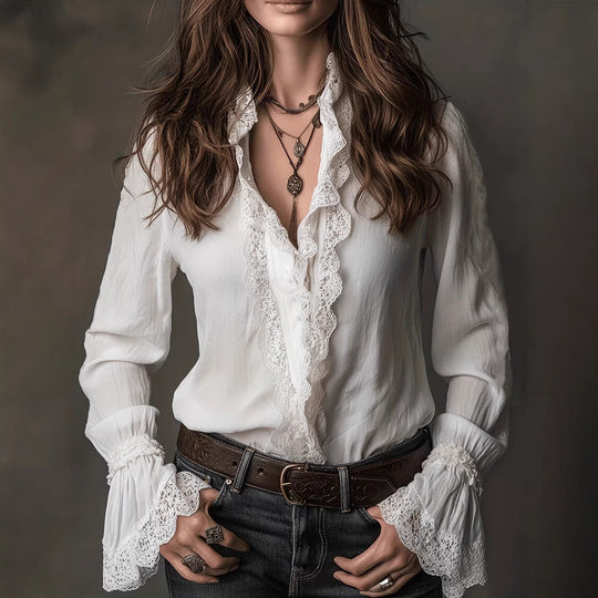 Damen elegante Bluse mit Rüschendetails und Spitzenbesatz