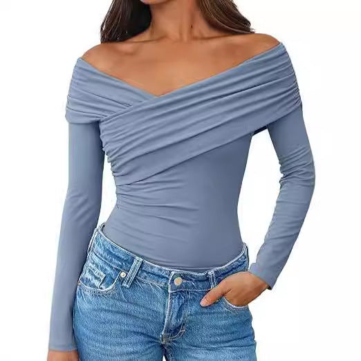 Damen Off-Shoulder Langarm-Top mit Wickeloptik und figurbetontem Stretch-Jersey Shop Nory