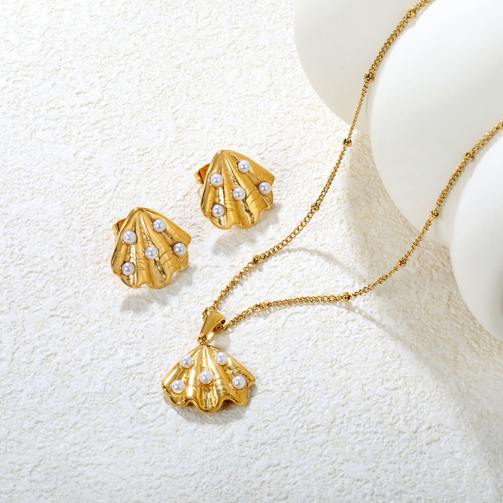 Damen Schmuckset mit Meeresmuschel-Anhänger und funkelnden Zirkonia Shop Nory