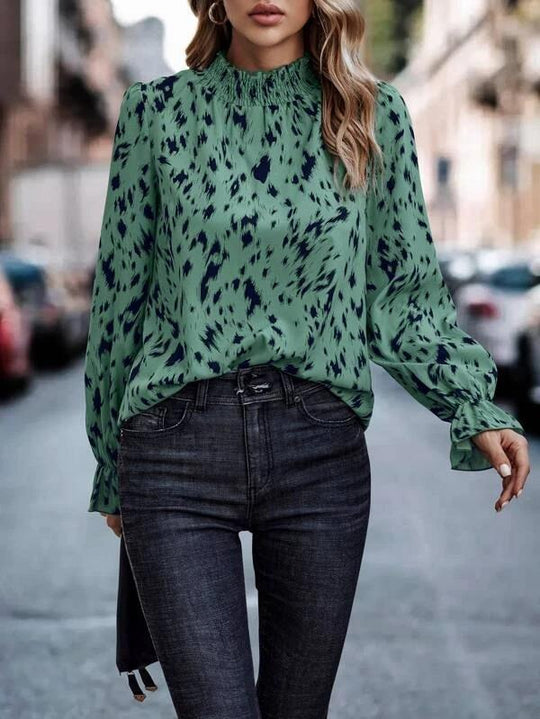 Damen Langarm-Chiffonbluse mit gerafftem Stehkragen und Fleckenmuster Shop Nory