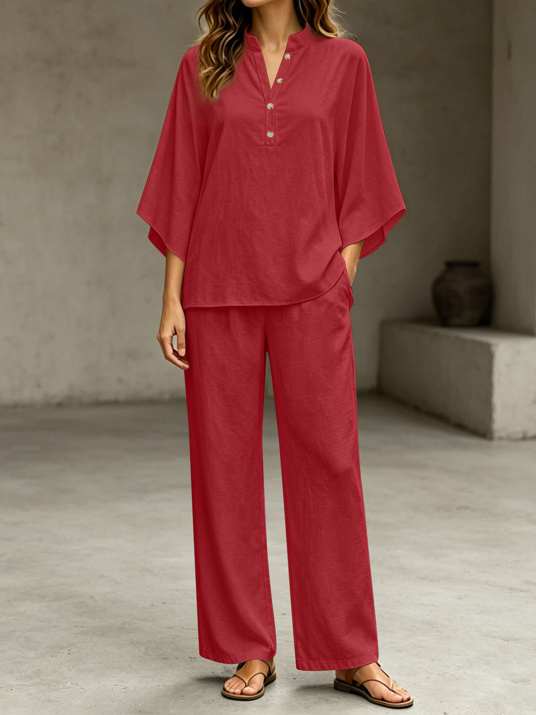 Damen Lässiges Zweiteiler‑Set mit Stehkragen‑Henleytop und weitem High‑Waist Palazzo‑Hose Shop Nory