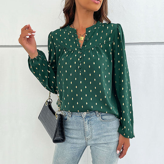 Damen Leichte Viskose-Bluse mit Stehkragen, Knopfleiste und feinem Tropfenprint Shop Nory