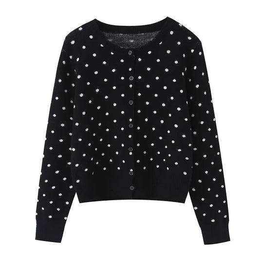 Damen Kurz geschnittene fein gestrickte Cardigan mit Rundhalsausschnitt, Knopfleiste und Allover‑Punktmuster Shop Nory