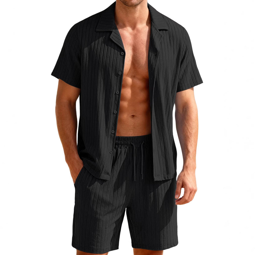 Herren nan geripptes Feinstrick-Lounge-Set mit kurzärmligem Revershemd und Kordelshorts