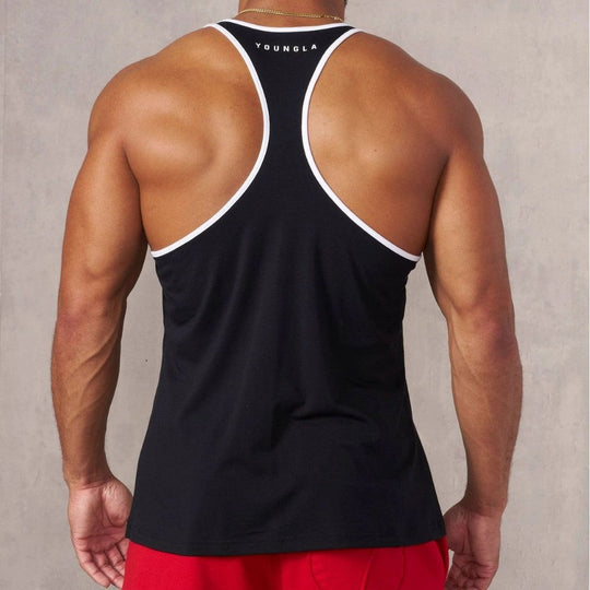 Herren nan athletisches Stringer Tanktop rückenfreier Schnitt mit Kontrastpaspel und Kraftsportmotiv