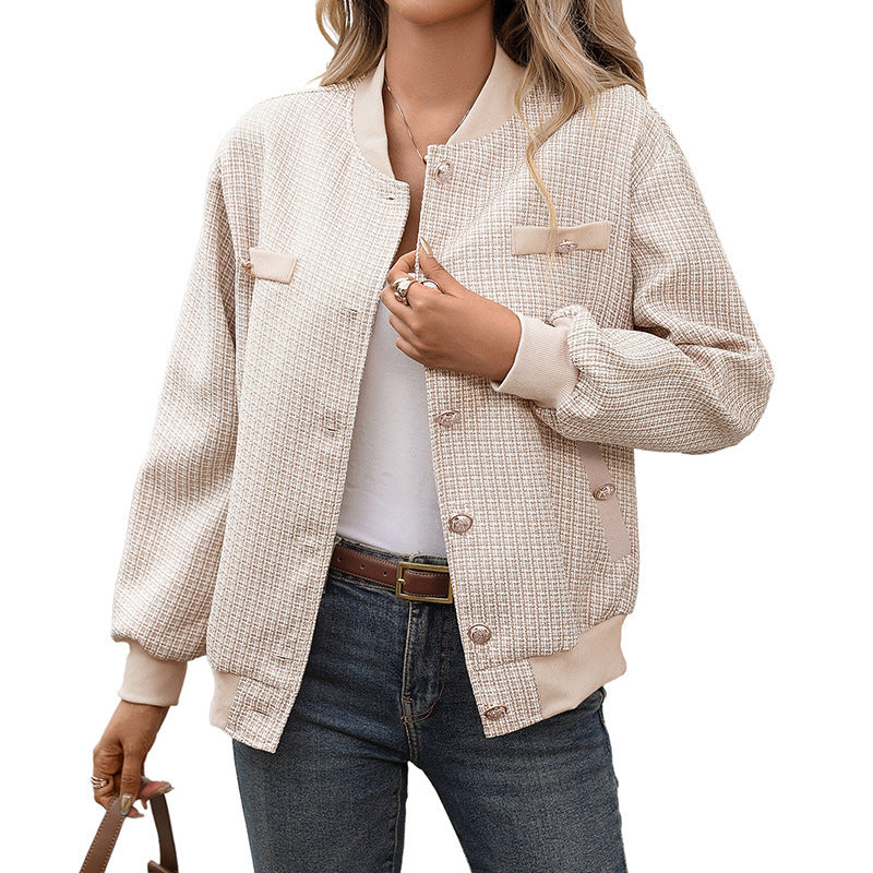 Damen Tweed-Bomberjacke mit Rippbündchen, Zierpaspel und Schmuckknöpfen Shop Nory