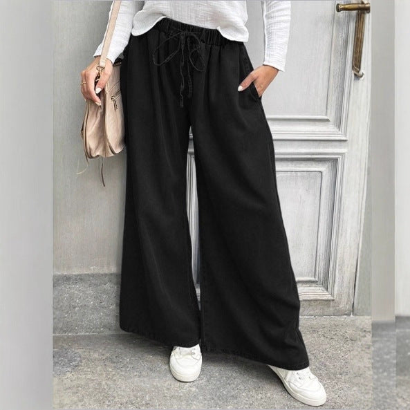 Damen Langer Denim-Maxirock mit Tunnelzugbund, weitem A‑Linien‑Schnitt und Eingrifftaschen Shop Nory