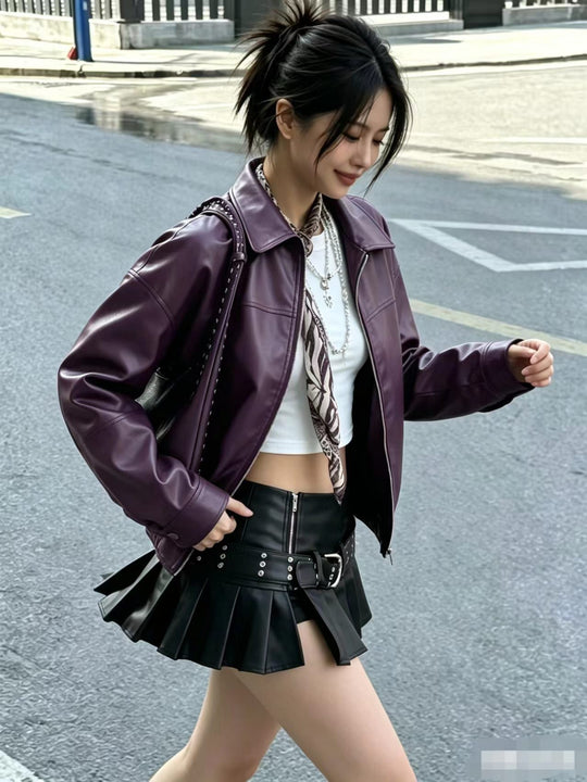 Damen Lässige Lederjacke mit Nieten