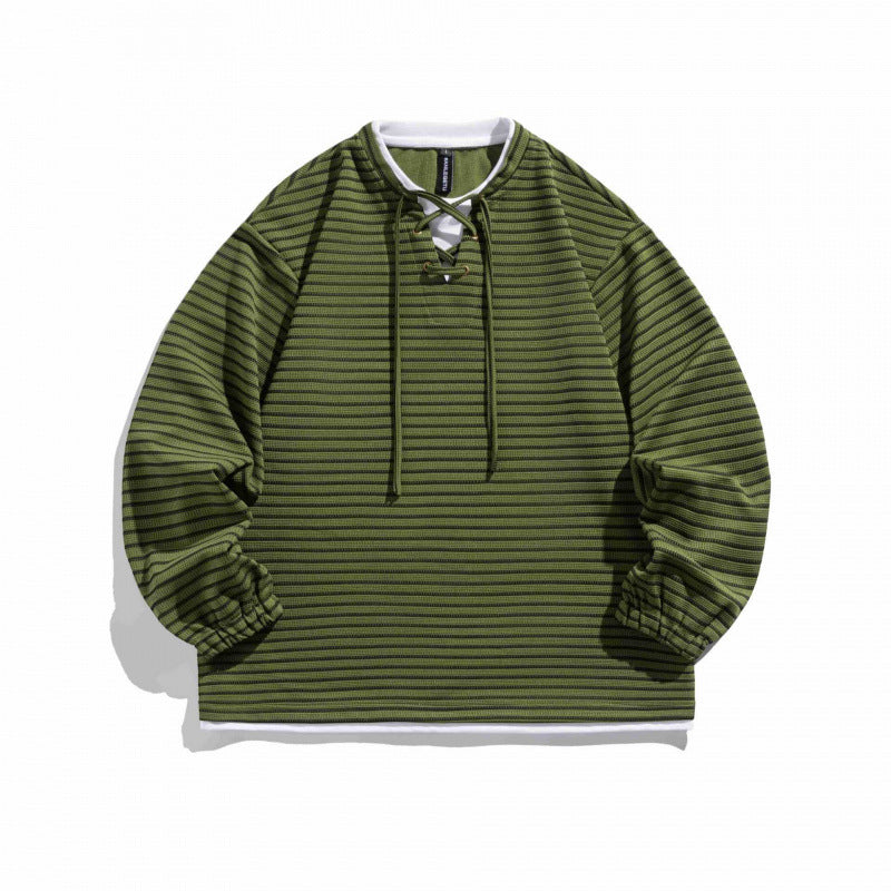 Unisex Gestreifter Oversize-Pullover mit Schnürkragen und Strukturstrick Shop Nory
