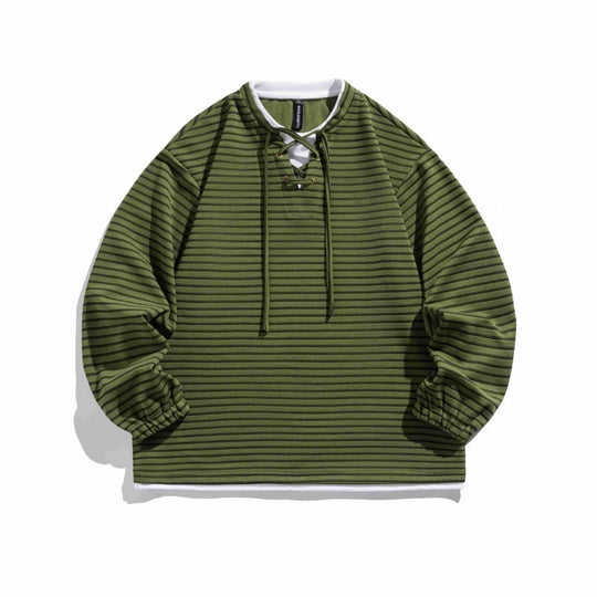 Unisex Gestreifter Oversize-Pullover mit Schnürkragen und Strukturstrick Shop Nory