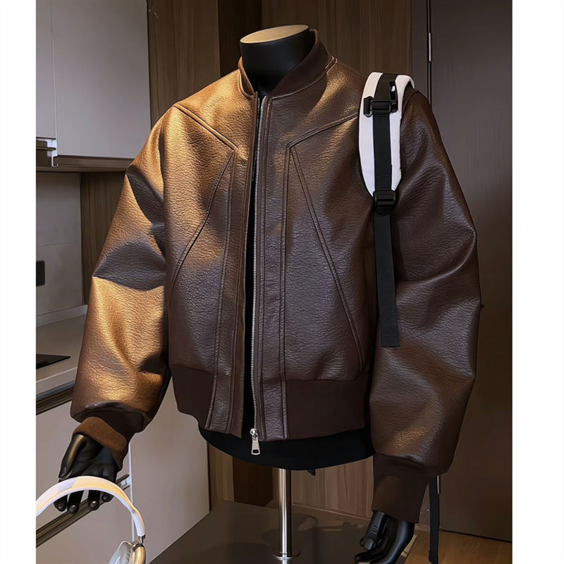 Herren taillierte Bomberjacke aus strukturierter Kunstlederoptik mit Stehkragen und Reißverschluss Shop Nory