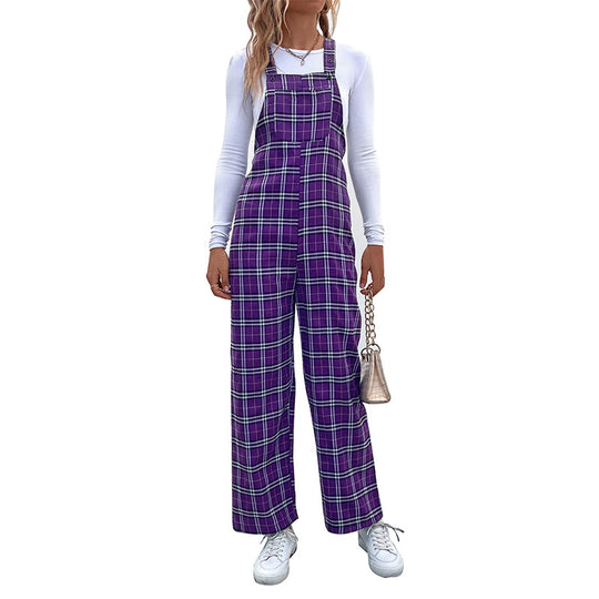 Damen Lässiger Karierter Jumpsuit mit breitem Bein und verstellbaren Trägern Shop Nory