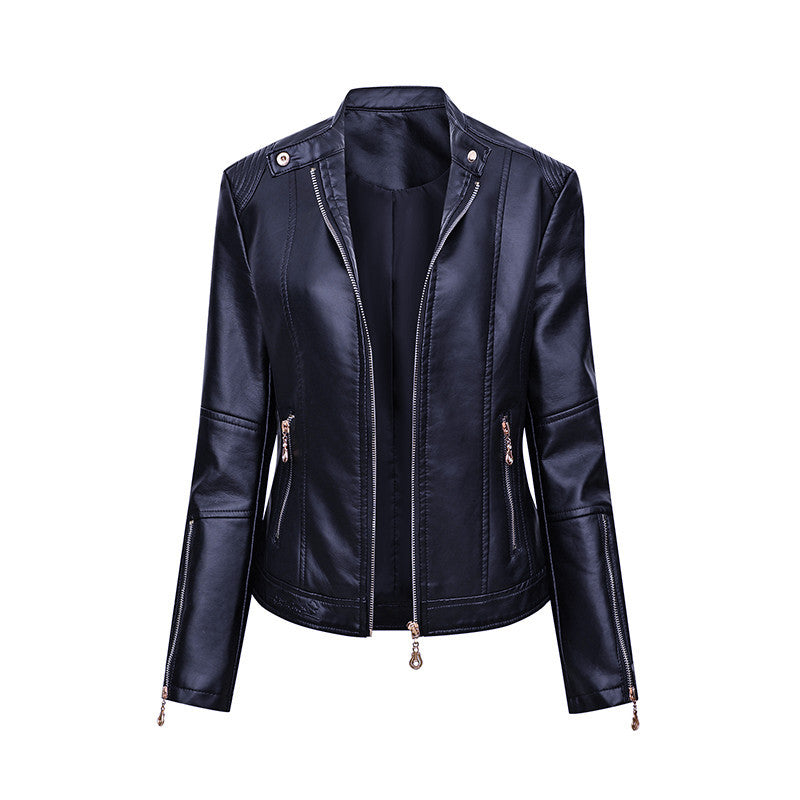 Damen Figurbetonte Kunstleder-Bikerjacke mit Stehkragen, taillierten Nähten und Reißverschlusstaschen Shop Nory