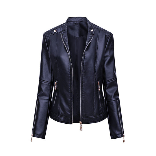 Damen Figurbetonte Kunstleder-Bikerjacke mit Stehkragen, taillierten Nähten und Reißverschlusstaschen Shop Nory