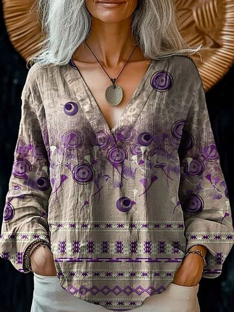 Damen Boho-Leinenmischung Tunika-Bluse mit V-Ausschnitt und floraler Aquarellstickerei Shop Nory
