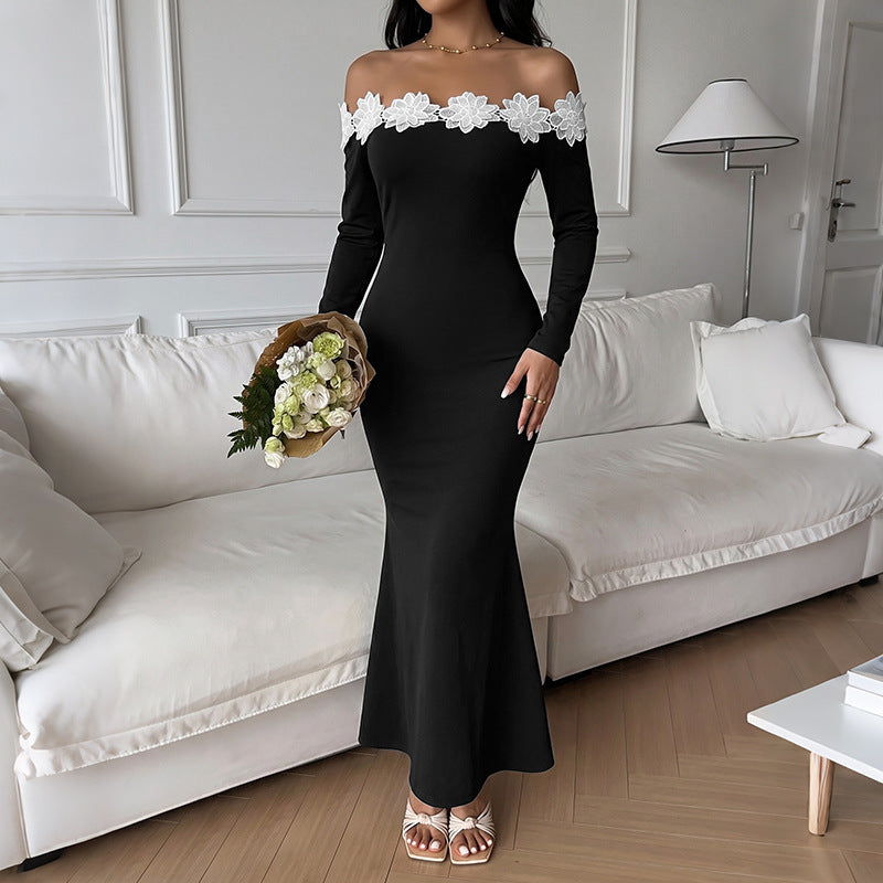 Damen Elegantes Off-Shoulder Maxikleid mit Spitzeneinsätzen Shop Nory