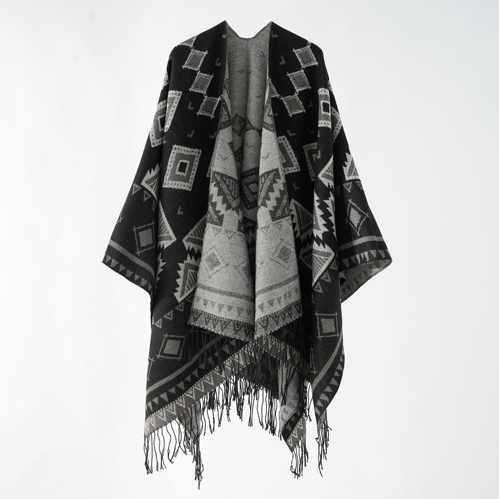 Damen Jacquard‑Wickelruana im Ethno‑Design mit Fransen und offenem Fall Shop Nory
